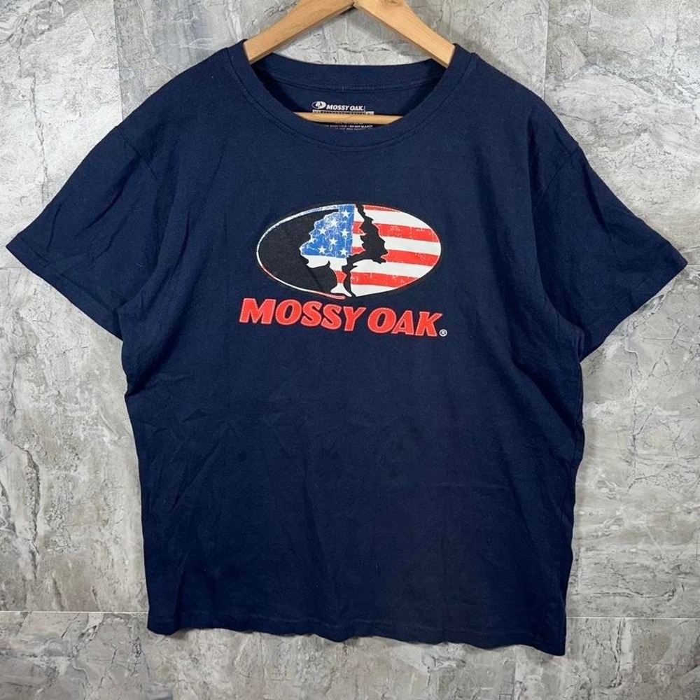 Mossy Oak American Flag Outdoors Hunting T-shirt Size Large Blue Staghorn Creek